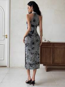 EastFlair Women's Elegant Floral Print Mid-Length Dress, Summer Chinese Style Dress Qipao Dress Dusty Blue Dress Women Cheongsam Dress