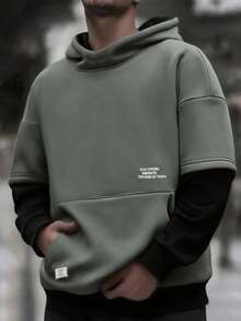 SHEIN 青少年休闲街头时尚文字图形印花撞色舒适纯色长袖圆领运动衫，适合通勤、上学、日常休闲、旅行、运动、秋冬 - 彩色 - 查看 1