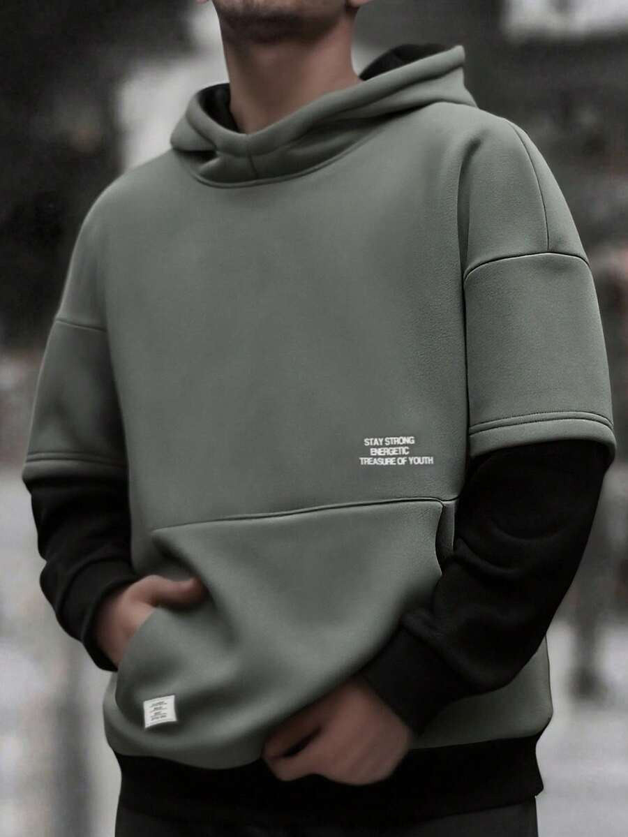 SHEIN 青少年休闲街头时尚文字图形印花撞色舒适纯色长袖圆领运动衫，适合通勤、上学、日常休闲、旅行、运动、秋冬 - 彩色 - 查看 1