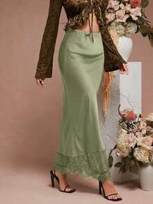 L'Amorae Women's Solid Color High Waist Contrast Lace Elegant Pencil Skirt - Mint Green - View 4