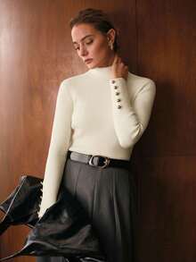 MOTF PREMIUM SIMPLE METAL BUTTON DECOR BASE LAYER SWEATER - White - View 4