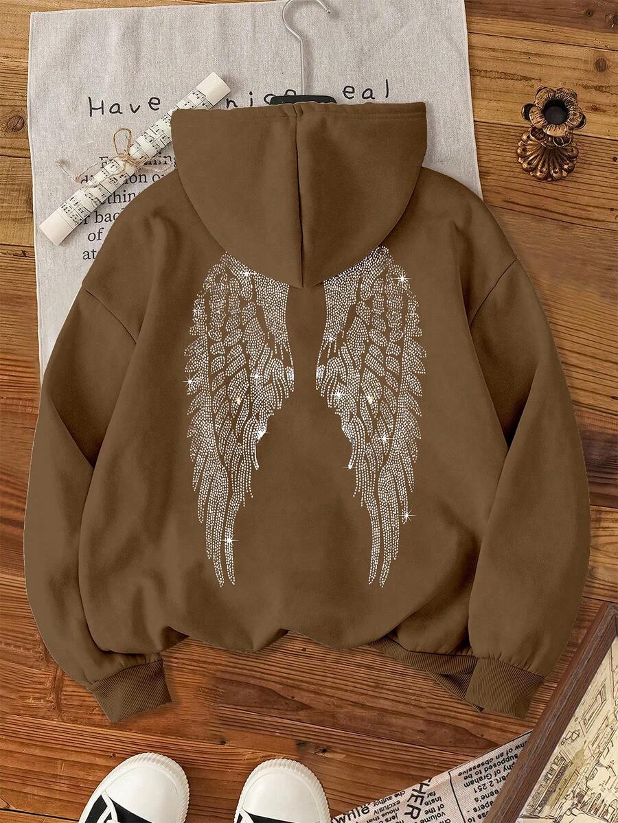 Glimmora Women's Drawstring Hooded Pocket Rhinestone Wing Pattern Casual Versatile Commuting Long Sleeve Sweatshirt - Mocha Brown - View 1