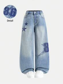 SHEIN Jeansy dla nastolatek, estetyka Y2K, luźna, szeroka nogawka, wygodny bawełniany denim, nadruk w gwiazdki, odpowiednie do noszenia na co dzień, do szkoły, na spotkania, w podróż, na powrót do szkoły, nowość na jesień - Średni jeans - Zobacz 4