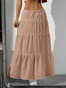 SHEIN PETITE CURVE Váy suông tối giản màu trơn cỡ lớn - Màu be - Xem 4