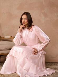 Enchnt Spring/Summer Romantic Women's Pastel Pink Flowing Chiffon 3D Floral Long Sleeve Maxi Dress,Sweet&Elegant For Party&Date&Holiday&Going Out,Winter Clothes For Women,New Year Outfit - Pink - View 6