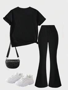 Sparklyn 2pcs/Set Casual & Fashionable Girl's Round Neck Short Sleeve Top Paired With Flare Pants Set, Playful 67 Design, Comfortable Spring/Summer Outfit Suitable For Casual Wear, Outdoor Activities, School, Party And Gifts, All Seasons Girls Lounge Set Girl Two Piece Set Girl Sets Size 7 8y Girl Two Piece Set