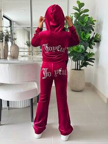 SHEIN Tween女孩酒紅色復古兩件套：短版連帽毛絨秋季外套 + 喇叭褲，休閒時尚套裝，加厚適合外出 - 酒紅色 - 查看 5