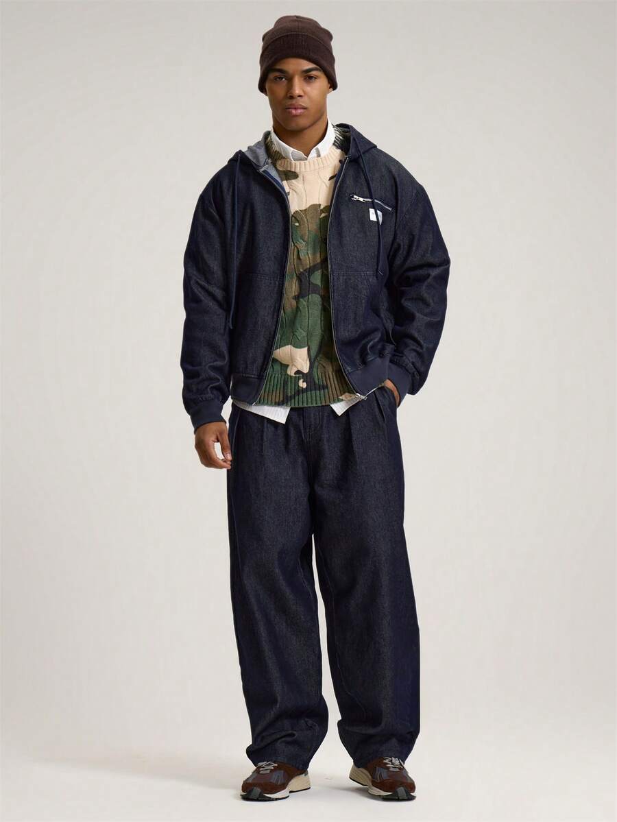 Musero Wide Balloon Leg Pleated Detailing Button Belt Loop Holes Raw Japanese Style Denim Trouser Jeans Autumn Winter Essentials - Dark Wash - View 1