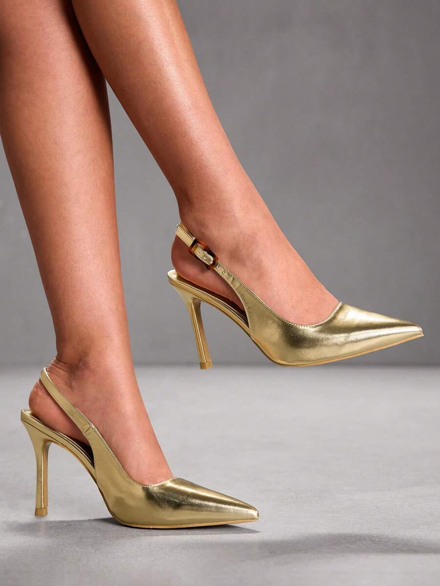 CUCCOO SZL 女士尖头搭扣设计时尚高跟鞋，适合日常穿着 - 金色 - 查看 1