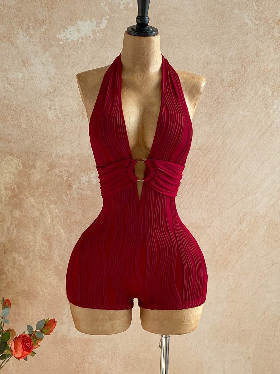 Soleia Bộ đồ liền thân hở lưng dệt kim họa tiết màu trắng dành cho nữ có viền tròn trang trí, thanh lịch cho Halloween, Giáng sinh, kỳ nghỉ, gợi cảm - Màu Đỏ Sâu - Xem 1