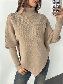 SHEIN PETITE 女士不对称蝙蝠袖下摆纯色高领毛衣，时尚百搭，适合假日度假，娇小身材也能轻松驾驭，品质升级，秋冬季款 - 卡其色 - 查看 6