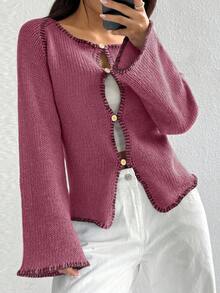 Jeanoix Áo khoác cardigan nữ tay chuông cài cúc phía trước, kiểu dáng thường ngày, chất liệu gân nổi, thích hợp cho mùa Thu/Đông. - Màu Hoa hồng đỏ - Xem 5