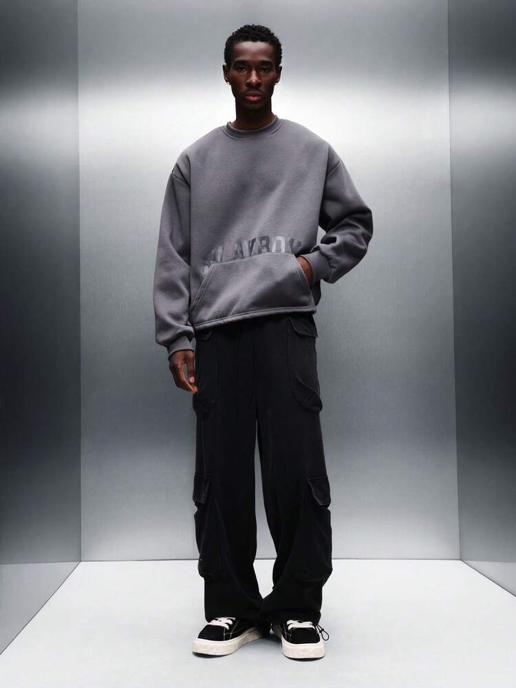 PLAYBOY X SUMWON Crop Fit Grey Sweatshirt With Raw Edge Hem