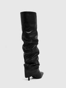 Daringsoles 女士尖头褶皱时尚日常百搭高跟过膝长靴 - 黑色 - 查看 9
