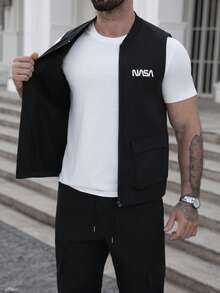 Manfinity Homme 男士休闲时尚街头日常通勤字母印花拉链背心和抽绳腰锥形裤套装，春夏秋季男士夏季运动服，男士街头服饰套装，黑色裤子配白色条纹，男士黑白套装，男士慢跑裤套装，复古风格，日常休闲，周末旅行，户外活动，工作环境，男友/丈夫礼物，周年纪念/生日礼物，派对，夏季假期，新年，婚礼，情人节，男士黑色裤子，男士街头服饰套装 - 黑色 - 查看 6