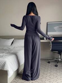 DAZY 女士抓绒针织修身上衣和宽松睡裤套装，秋冬家居服 - 藏蓝色 - 查看 2