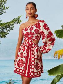 Travachic Floral Print Backless Asymmetric Shoulder Vacation Dress - Red - View 4