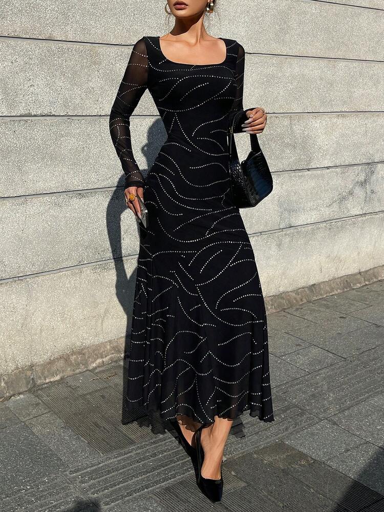Women's Crew Neck Long Sleeve Fitted Elegant Long Dress Sundress