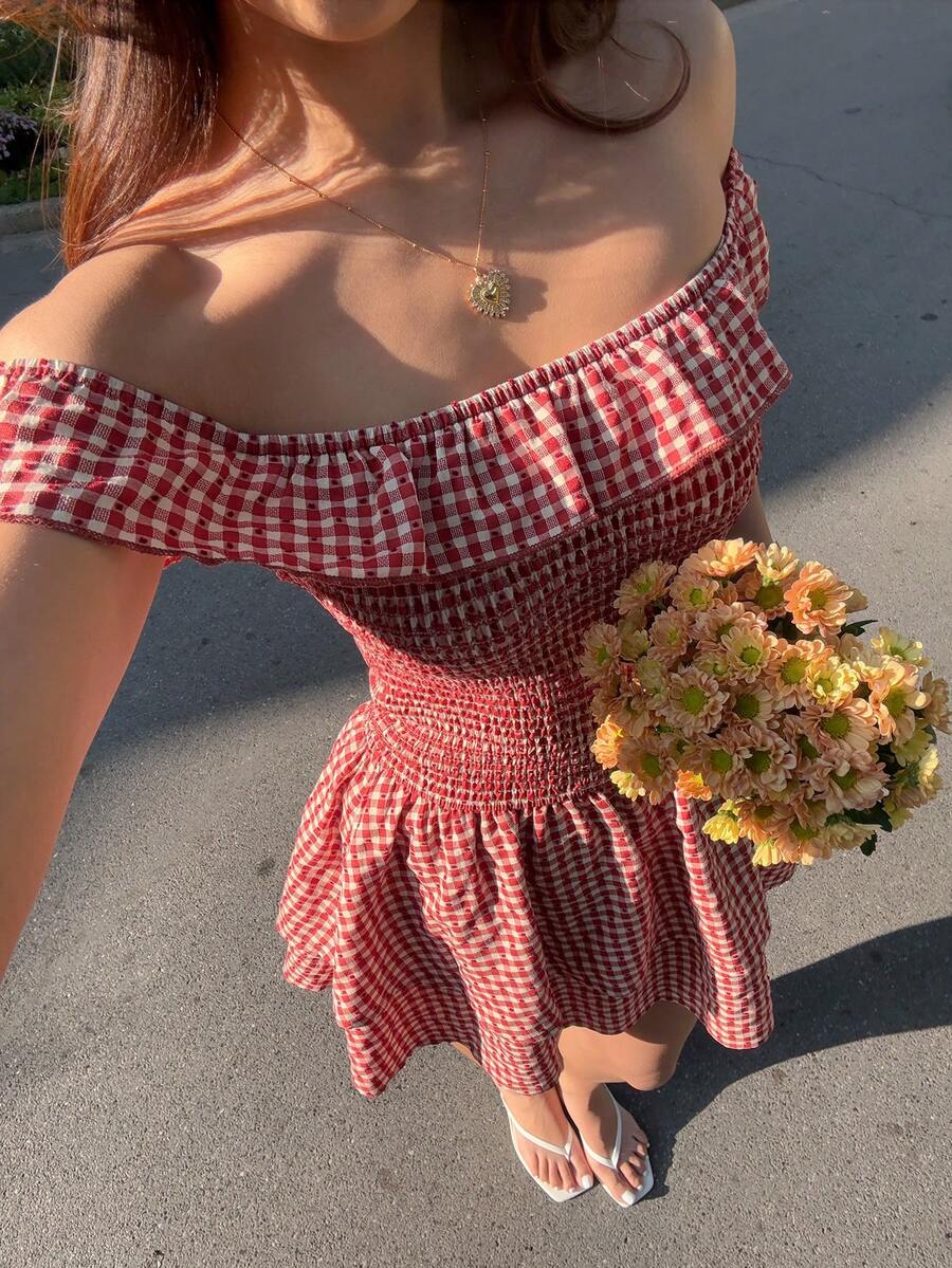 Sunnyshic Women's Red Plaid Off-Shoulder Ruffle Hem A-Line Mini Dress, Fitted Waist, Sweet & Romantic Beach Holiday Style, Spring/Summer - Red - View 1