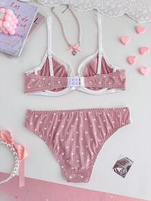 PetitDoll 2pcs Valentine's Day Cute Striped Heart Print Patchwork Underwire Bra Set - Dusty Pink - View 9