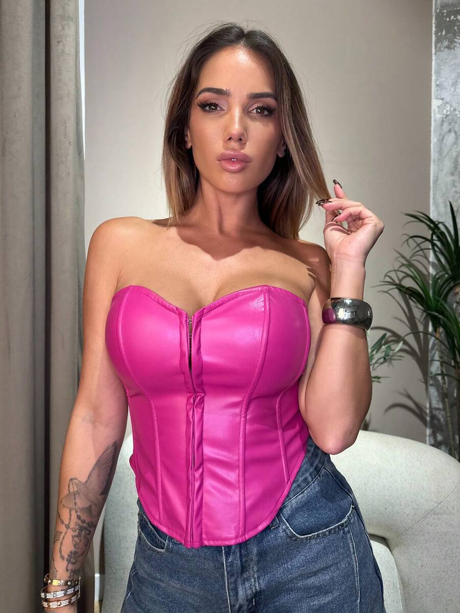 Manon Tanti Women's Pu Leather Strapless Date Night Waist Shaping Breast Cup Top - Hot Pink - View 1