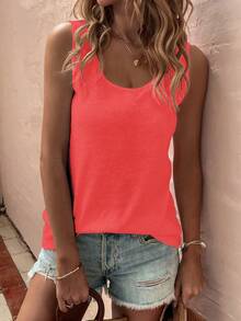 EMERY ROSE New Vintage Fashion Casual Basic U-Neck Neon Red Tank Top - Red - View 5