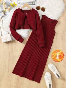 Conjunto de vestido y chaqueta de camiseta acanalada de unicolor para niñas preadolescentes - Rosa Roja - Ver 4