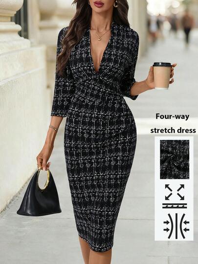 Editum 女士优雅新款收腰V领仿印花修身中长连衣裙，适合通勤、工作及多种场合