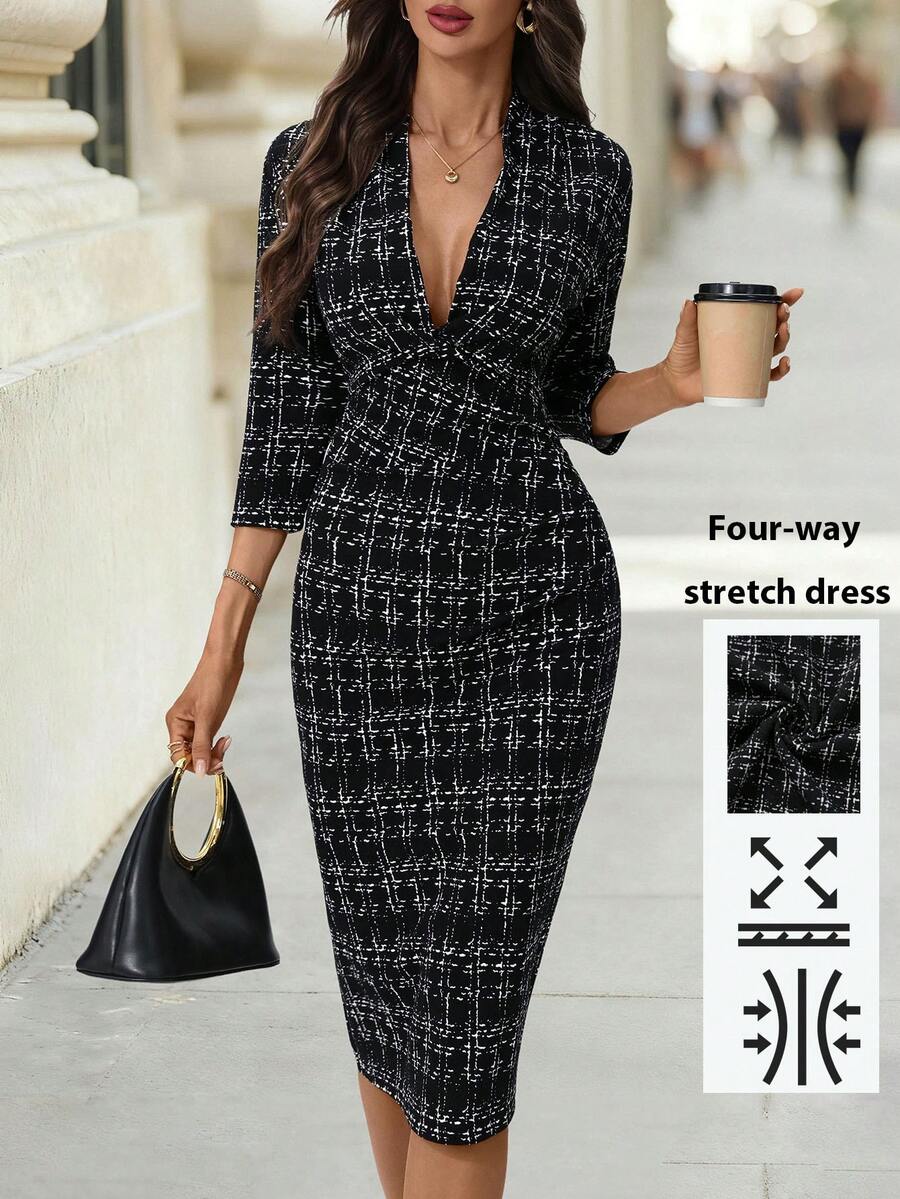 Editum Đầm midi bodycon cổ chữ V in họa tiết giả thắt eo thanh lịch mới dành cho nữ, phù hợp để đi làm, đi chơi và nhiều dịp khác nhau