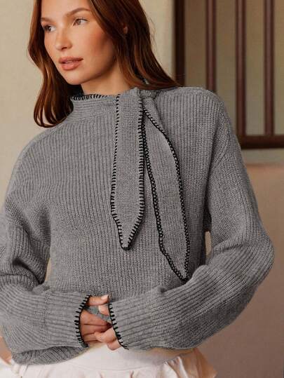 WESTFADE Suéter de punto holgado de manga larga con cuello de corbata y borde de contraste, lindo para otoño y conciertos de música country