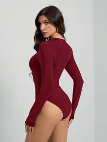 SHEIN Tall 女款純色長袖修身連身衣T恤 - 中紫紅色 - 查看 2