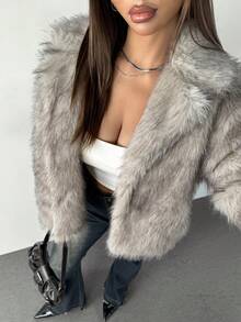 SHEIN PETITE 女士纯色翻领长袖宽松仿皮草外套 白色皮草外套 秋冬款 - 杏色 - 查看 4