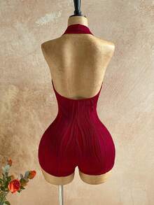 Soleia Bộ đồ liền thân hở lưng dệt kim họa tiết màu trắng dành cho nữ có viền tròn trang trí, thanh lịch cho Halloween, Giáng sinh, kỳ nghỉ, gợi cảm - Màu Đỏ Sâu - Xem 2