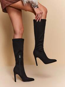 Daringsoles Damkängor med spetsig tå och dragkedja i sidan, moderiktiga högklackade knähöga stövlar för dagligt bruk - Svart - Visa 5