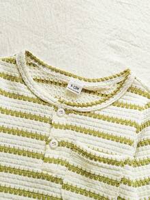 SHEIN Vintaside Kids 男宝宝复古简约条纹长袖上衣T恤搭配撞色长裤套装，适合春秋季日常穿着、外出、聚会、度假、公园等场合。 - 軍綠色 - 查看 5