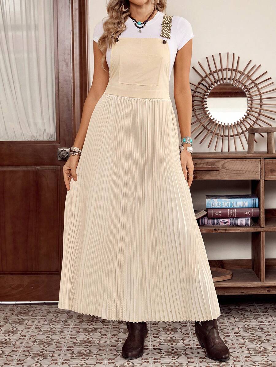 SHEIN LUNE LanaWest Women's Apricot Patchwork Pleated Long Dress, Slimming, Jacquard Ribbon With Metal Buckle, High-End Casual Resort Style, Spring/Summer - Apricot - View 1