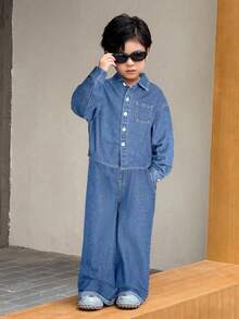 SHEIN Bộ 2 chiếc áo sơ mi dài tay ve denim màu xám cho bé trai và quần ống rộng - Rửa nhẹ - Xem 6