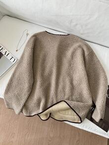SHEIN LUNE Plus Size Contrast Color Casual Long Sleeve Winter Knitted Button Up Coat - Khaki - View 9