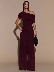 SHEIN BAE 秋冬纯色棕色性感不对称肩短袖上衣和裤子两件套；秋冬保暖加厚针织两件套；基础款针织不对称肩上衣 - 紫紅色 - 查看 7