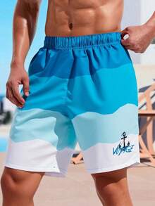 青少年男孩休闲宽松泳衣，蓝色波浪拼布印花沙滩短裤，适合夏季