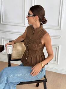 Serisse Women's Summer Casual/Work Solid Color Front Button Ruffle Hem Blouse Brown Tops For Women Brown Blouse Elegant - Coffee Brown - View 5