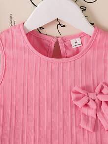 Elladie kids 女童无袖纹理面料中长休闲连衣裙，正面蝴蝶结装饰设计，优雅可爱 - 玫紅色 - 查看 6