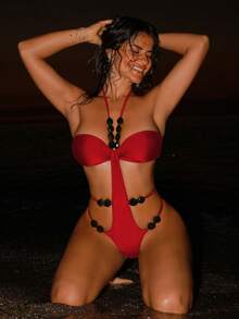 Swim SXY 1pc Beaded Sexy Hollow-Out Monokini Swimsuit, Solid Color Fabric, Flattering - Red - View 6