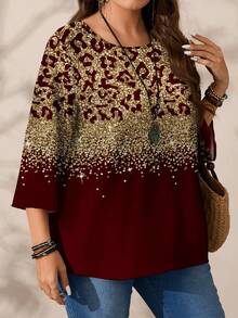 EMERY ROSE Plus Size Women Casual All-Over Print Round Neck Loose 3/4 Sleeve Shirt, Autumn/Winter Spring - Multicolor - View 4