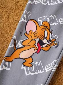 TOM & JERRY X SHEIN 2件套男童卡通图案撞色圆领长袖上衣和裤子休闲紧身睡衣 - 灰色 - 查看 7