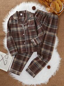 Tween Girl Plaid Collared Cardigan And Pants Pajama Set Plaid Pajama Set Button-Up Pajama Set Coffee-Colored Pajama Set Two Pieces Pajama Set Plaid Pj Set Button Up Pajama Set - Coffee Brown - View 3