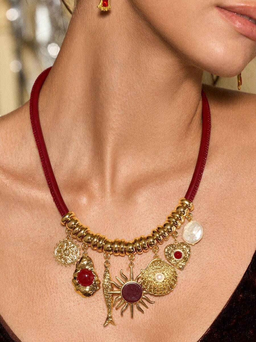 Glisma Women Pendant Necklaces,Old Money,Outfits,Charm Necklace,Classy,Metallic/Texture,Gemstone,Elegant,Fall/Autumn/Winter,Premium,For Mom/Women/Girl/Mother,Vintage,Gold,Cross - Mix Colors - View 1