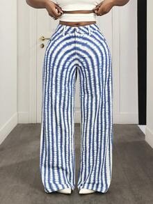 Slaydiva Women's Casual Fashion Street Vacation Style Striped Tie-Dye Print Loose Wide-Leg Jeans - Blue - View 1