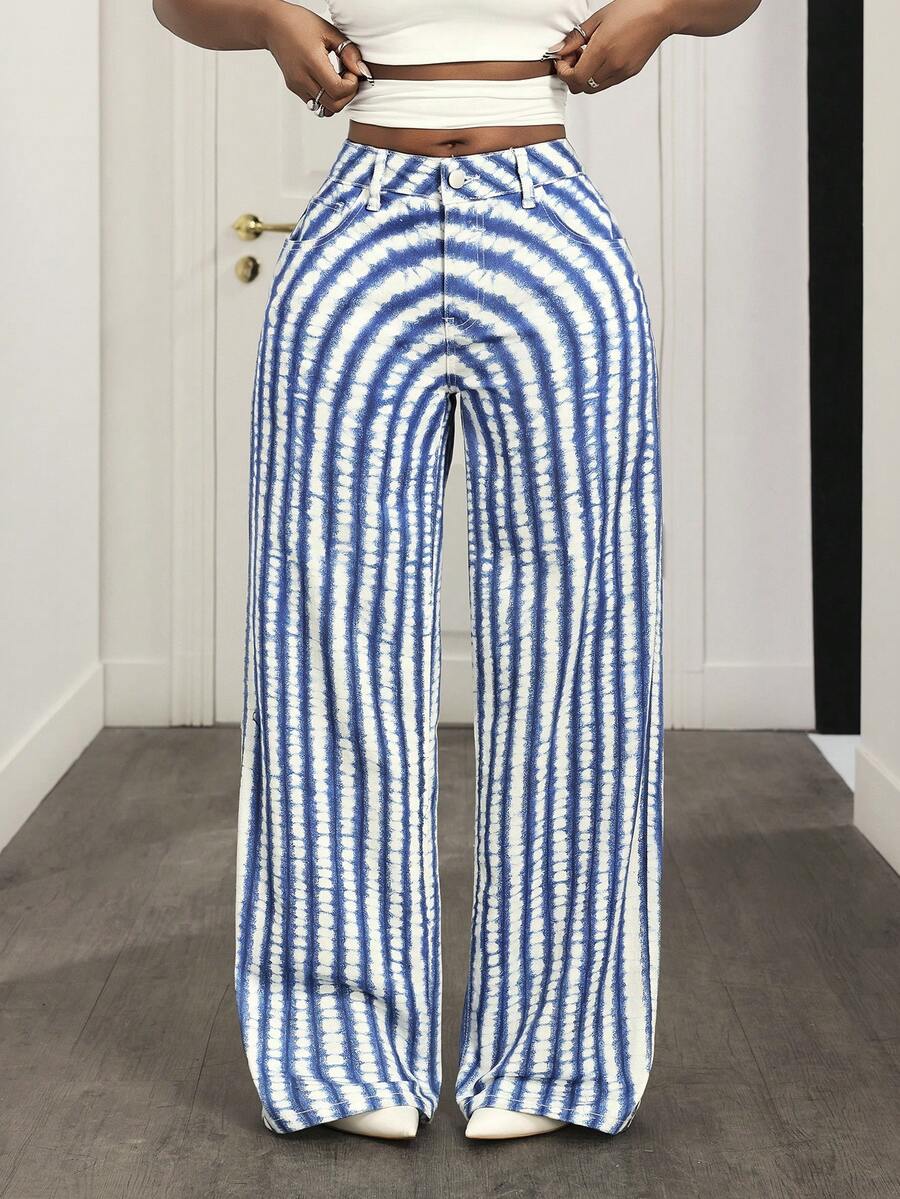 Slaydiva Women's Casual Fashion Street Vacation Style Striped Tie-Dye Print Loose Wide-Leg Jeans - Blue - View 1