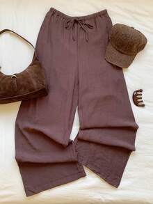 SHEIN EZwear Celana Panjang Wanita Kasual Warna Polos dengan Tali Serut dan Potongan Lebar - Coklat - View 4